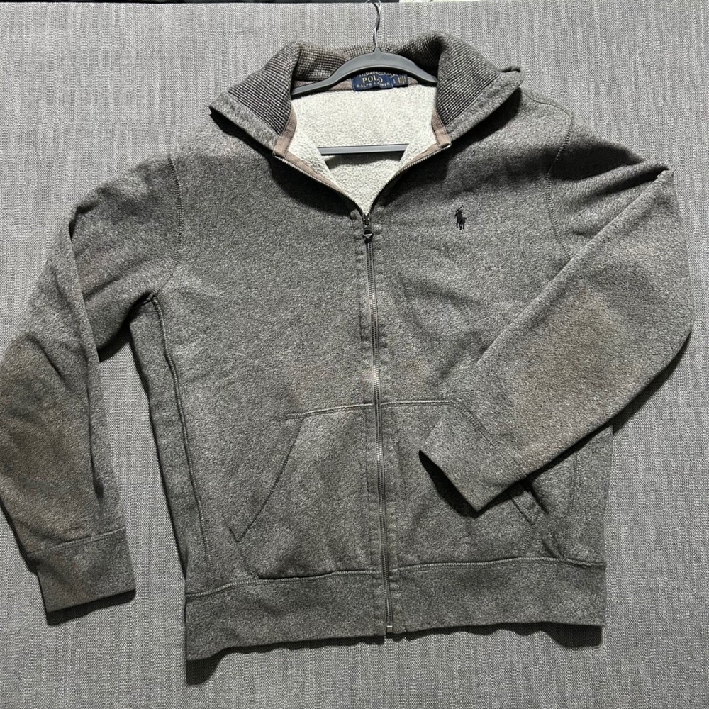 Polo Ralph Lauren Hoodie Kids L Gray Full Zip Waffle Lined Hood Pony Logo